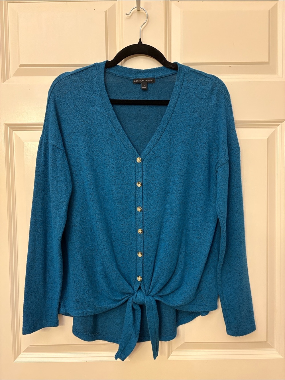 Signature Studio Teal/Black Tie Front V-Neck Peacock Button Cardigan Knit Top